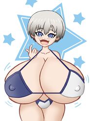 absurd_res bikini blue_eyes gesture gigantic_breasts grey_hair happy heart-shaped_pupils hi_res huge_breasts hungryns looking_at_viewer nipple_bulge open_mouth open_smile puffy_nipples smile sugoi_dekai thick_thighs uzaki-chan_wa_asobitai! uzaki_hana wide_hips