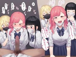 1boy 3girls black_hair blonde_hair blush censored gyaru highres ie_(raarami) japanese_text large_penis male_pubic_hair mask mouth_mask multiple_girls open_mouth original penis penis_awe pleated_skirt pubic_hair red_hair ribbon school_uniform skirt surprised translation_request