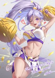 1girls ;d absurdres alternate_costume armpits artist_name belly breasts cheerleader choker commission earrings electricity english_text female fire_emblem fire_emblem:_genealogy_of_the_holy_war fire_emblem_heroes hair_ornament happy heart highres holding iria_(yumeirokingyo) ishtar_(fire_emblem) jewelry jumping long_hair looking_at_viewer midriff nintendo one_eye_closed open_mouth ponytail signature smile text thank_you very_long_hair watermark