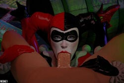 1girls 3d batman:_arkham_knight batman_(series) blowjob blue_eyes dc dc_comics deep_blowjob deepthroat deepthroat_facesitting deepthroat_mark eye_contact female female_focus harley_quinn harley_quinn_(classic) huge_cock male_pov nedac1 nude_male oral partial_male pov red_lipstick saliva saliva_trail source_filmmaker straight