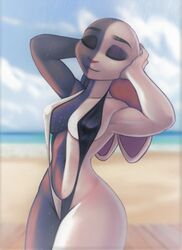 anthro aozee beach beastars bikini black_body breasts clothed clothing digital_media_(artwork) female lagomorph leporid mammal mizuchi_(beastars) multicolored_body nipple_outline outside portrait rabbit seaside shaded skimpy sling_bikini solo swimwear thick_thighs three-quarter_portrait two_tone_body white_body wide_hips