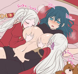 3girls age_play ageplay blue_eyes blush breast_apart breast_feeding breast_grab breast_milk breast_sucking breasts breasts_apart breasts_out byleth_(fire_emblem) byleth_(fire_emblem)_(female) closed_eyes double_breast_sucking dual_persona edelgard_von_hresvelg female fire_emblem fire_emblem:_three_houses garreg_mach_monastery_uniform heavy_breathing huge_breasts lactation long_hair lying lying_on_back lying_on_bed medium_hair multiple_girls multiple_persona nagasawa_(tthnhk) nintendo on_bed post-timeskip shorts side_ponytail sound_effects sweat teal_hair white_hair yuri