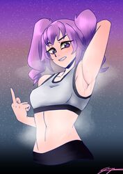 armpit_focus armpits arms_behind_head arms_up crop_top fog looking_at_viewer medium_breasts middle_finger midriff otachan purple_eyes purple_hair small_breasts suggestive suggestive_look sweatpants tank_top the_otachan_show twintails