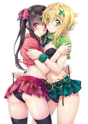 2girls akatsuki_kirika ass bangs bikini bikini_under_clothes black_bikini black_hair black_legwear black_swimsuit blonde_hair blunt_bangs blush breasts crop_top embracing female from_behind green_eyes hair_ornament high_resolution hug leotard long_hair looking_at_viewer looking_back medium_breasts midriff miniskirt multiple_girls nagayori navel pink_eyes pink_leotard senki_zesshou_symphogear shiny shiny_hair shiny_skin short_hair side-tie_bikini simple_background skirt standing swimsuit tagme thighhighs tied_hair tsukuyomi_shirabe twintails white_background x_hair_ornament