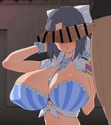 1boy :o arm_up between_breasts blue_bra bow bra bracelet breasts censored collared_shirt covered_nipples female hairbow hand_up highres huge_breasts jewelry large_penis medium_hair nanashi_maru necktie necktie_between_breasts penis penis_on_face penis_over_eyes senran_kagura shiny shiny_skin shirt striped striped_bow tied_shirt underwear upper_body white_bow white_shirt yumi_(senran_kagura)