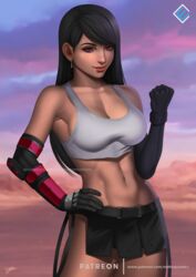 1girls belt black_hair evandromenezes final_fantasy final_fantasy_vii fit_female large_breasts long_gloves long_hair looking_at_viewer pink_eyes solo solo_female tifa_lockhart