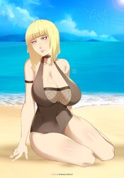 1girls bare_arms bare_legs bare_shoulders big_breasts blonde_hair blue_eyes blue_sky blunt_bangs bob_cut breasts breasts_bigger_than_head busty center_opening cleavage clothed_female collarbone detailed_background eyelashes female female_only hourglass_figure huge_breasts human landscape large_breasts light-skinned_female light_skin looking_at_viewer mature mature_female naruto naruto_(series) naruto_shippuden ocean one-piece_swimsuit outdoors paipan pale-skinned_female pale_skin parted_lips patreon_username pinup samui sand shore shounen_jump sitting sky solo stayaliveplz sun swimsuit url voluptuous water watermark web_address wide_hips