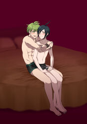 2boys abs before_sex blush bracelet color colored danganronpa danganronpa_v3 ear_piercing gay green_eyes green_hair hand_on_thigh hugging hugging_from_behind long_eyelashes male/male male_only necklace on_bed pale-skinned_male pale_skin piercing rantaro_amami ring saihara_shuuichi sitting sitting_on_lap sitting_on_person straight_hair undressed yaoi