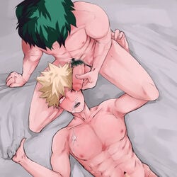 2boys bare_chest blonde_hair bodily_fluids cum cum_on_face facial fishseven gay genital_fluids genitals izuku_midoriya katsuki_bakugou looking_down looking_down_at_partner male male/male male_only masturbation my_hero_academia nude nude_male penis_grab pubes pubic_hair spiky_hair yaoi