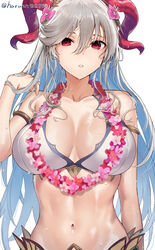 1girls alternate_costume bare_shoulders bikini blue_hair breasts curled_horns female fire_emblem fire_emblem_heroes flower flower_necklace freyja_(fire_emblem) freyja_(summer)_(fire_emblem) goat_horns grey_hair hair_between_eyes haru_(nakajou-28) highres horns jewelry large_breasts long_hair looking_at_viewer multicolored_hair navel necklace nintendo official_alternate_costume red_eyes red_horns simple_background solo solo_female stomach swimsuit twitter_username two-tone_hair upper_body very_long_hair wet white_background white_bikini white_swimsuit