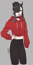 1boy :p black_hair choker clothing demon_boy demon_horns femboy girly grey_background gyarusatan hair_over_one_eye hand_on_hip hi_res hoodie horns jogging_pants long_hair male male_only narrowed_eyes penis_bulge rainer_(gyarusatan) red_eyes solo solo_male sportswear tied_hair tongue_out