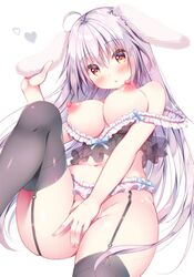 :o ahoge animal_ears areolae bangs black_legwear breasts brown_eyes cleavage covering covering_crotch eyebrows_visible_through_hair fake_animal_ears female garter_belt garter_straps hair_between_eyes heart highres large_breasts leg_up lingerie long_hair looking_at_viewer navel nipples open_mouth original silver_hair simple_background solo suzukawa_yui symbol_commentary thighhighs thighs underwear white_background