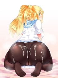 1girls alternate_hairstyle ass bed big_ass big_butt blonde_hair blush breasts cameltoe cum cum_on_ass eye_contact feet female green_eyes hisui_(stapspats) huge_ass kneeling lillie_(pokemon) looking_at_viewer looking_back nintendo on_bed pantyhose pokemon pokemon_sm sideboob skirt_lift stapspats thick thick_thighs thighs