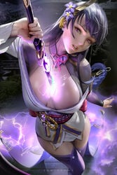 1girls 2021 artist_signature breasts cleavage clothed dark_background female female_focus female_only flower_hair_ornament genshin_impact hair_ornament head_tilt holding_weapon kimono large_breasts lightning long_hair looking_at_viewer open_clothes open_kimono purple_boots purple_eyes purple_hair raiden_shogun sword sword_between_breasts thick_thighs thigh_boots thighs weapon white_kimono zumi zumi_(zumidraws)