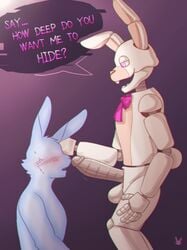 ambiguous_gender animatronic anon anonymous anthro big_balls big_penis blush bowtie five_nights_at_freddy's five_nights_at_freddy's_2 frank_(hornbunxx) hornbunxx lagomorph male male_only original_character pink_eyes rabbit robot simple_background speech_bubble text