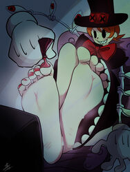 1girls bare_legs barefoot bloomers blush bowtie dress feet female foot_fetish foot_focus hat legs orange_hair painted_nails painting_nails peacock_(skullgirls) skullgirls sweat toenail_polish