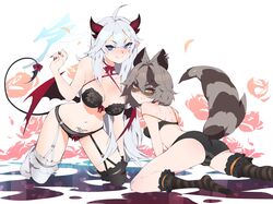 2girls aetherion_art animal_ears ass asymmetrical_legwear black_panties blue_eyes blush bow_panties breasts cleavage demon_girl demon_horns demon_tail demon_wings duo grey_hair indie_virtual_youtuber kneehighs kneeling large_breasts lingerie looking_at_viewer nail_polish navel orange_eyes panties pointy_ears pubic_tattoo raccoon_ears raccoon_tail racoon_girl red_nails snuffy striped_legwear striped_panties succubus succubus_tattoo tail tattoo thighhighs veibae virtual_youtuber vshojo white_hair wings