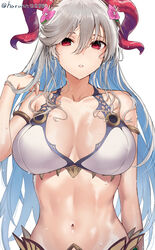 1girls alternate_costume bare_arms bare_midriff bare_shoulders belly big_breasts bikini blue_hair breasts cleavage close-up collarbone curled_horns female female_only fire_emblem fire_emblem_heroes flower flower_in_hair freyja_(fire_emblem) freyja_(summer)_(fire_emblem) goat_horns hair_between_eyes haru_(nakajou-28) highres horns huge_breasts large_breasts long_hair looking_at_viewer mature mature_female milf multicolored_hair navel nintendo official_alternate_costume red_eyes red_horns silver_hair simple_background solo solo_female stomach swimsuit toned toned_female twitter_username two-tone_hair upper_body very_long_hair wet white_background white_bikini white_swimsuit