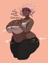 argohazak bbw big_breasts chubby chubby_female colored dark_skin fat_ass hairband huge_ass huge_breasts large_ass large_breasts large_butt ripped_clothing simple_background text thick_thighs thunder_thighs undersized_clothes weight_gain white_hair wide_hips