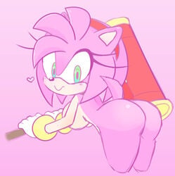 accessory amy_rose anthro ass big_breasts big_butt black_nose blush breasts bubble_butt clothing colored eulipotyphlan eyelashes female fur gloves green_eyes hair hammer handwear heart hedgehog legwear looking_at_viewer looking_back mammal nude pink_background pink_body pink_fur pink_hair pink_skin raised_tail sega short_hair side_boob side_view simple_background sirenstudios solo sonic_(series) sonic_the_hedgehog_(series) thick_thighs thigh_highs tools video_games weapon wrist_cuff