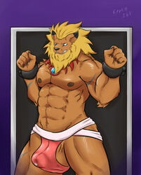 5_fingers absurd_res angry anthro balls balls_slip bandai_namco barely_visible_balls barely_visible_genitalia blonde_hair bodily_fluids bottomwear bulge clothed clothing cum digimon digimon_(species) erection fingers fur genital_fluids genitals hair hi_res jock jockstrap kento267 leomon male male/male male_nipples male_only muscular muscular_anthro muscular_male orange_body orange_fur pants precum shackles side_balls solo testicles underwear