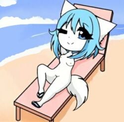 animal_ears artist_request beach blue_eyes blue_hair lying_on_back nude ocean sandals small_breasts virtual_youtuber white_fur wink winking winking_at_viewer wolfychu youtube youtuber