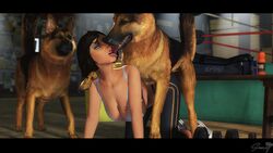 1girls 2boys 2dogs 3d bestiality big_breasts bioshock bioshock_infinite blue_eyes blush breast_tattoo breasts brown_hair canine dog dog_ears dog_tail doggy doggy_style doggystyle elizabeth_comstock female female_kissing_feral german_shepherd huge_breasts interspecies kiss kissing large_breasts looking_at_viewer male no_bra paw_tattoo short_hair tattoo tattoo_on_chest thatsnowygirl tongue tongue_out workout workout_clothes zoophilia