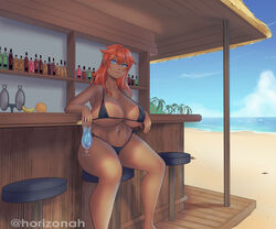 1girls bar barstool beach bikini blue_eyes elf elf_ears horizonah221 huge_breasts long_hair looking_at_viewer orange_hair original original_character pointy_ears seaside tanned_skin voluptuous