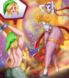 1boy 1boy1girl 1girls belly_dancer belly_dancer_outfit blonde_hair blue_skin crossover dancer dancer_outfit dancing femdom fenrox harem_outfit harem_pants hat huge_breasts hylian hypnosis hypnotic_eyes link mind_control nintendo pointy_ears purple_hair risky_boots shantae shirtless shoes smooth_skin the_legend_of_zelda topless_male