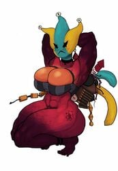 1girls abs annoyed anthro argohazak backpack big_breasts bomb bottomless choker clothed clothing colored feet female female_only firecracker humanoid jester_(argohazak) jingle_bell muscular partially_clothed pregnancy_tally rocket simple_background solo squatting thick_thighs two_tone_body