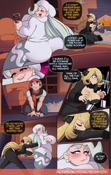 1boy 2girls alternate_breast_size blonde_hair blush bottom_heavy breasts bubble_butt busty cleavage clothing comic curvy cynthia_(pokemon) dialogue english_text female huge_breasts human lucas_(pokemon) melony_(pokemon) milf nintendo pawg pokemon pokemon_dppt pokemon_ss schpicy size_difference text thick_thighs venus_body voluptuous wine_glass