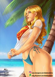 1girls beach bikini_bottom blonde_hair blue_eyes cedric_humbert dc dc_comics deviantart_link diabolumberto ed_benes_studio female female_only fred_benes kryptonian long_hair palm_tree panties seaside supergirl superman_(series) wet wet_shirt