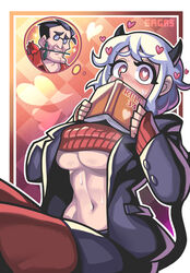 1boy 1girls bare_midriff belly_button big_breasts blush breasts demon_girl heart-shaped_pupils helltaker helltaker_(character) horns modeus_(helltaker) red_eyes sagas straight straight_hair sweater sweater_lift tagme underboob white_hair