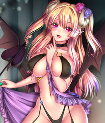 bangs bare_shoulders bikini blonde_hair blush breasts choker demon_girl demon_horns demon_tail demon_wings flower hair_ornament horns huge_breasts long_hair looking_at_viewer navel original pink_eyes ryuki@maguro-ex solo tail tongue wings