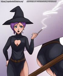 big_ass blue_eyes bubble_ass bubble_butt cinderella_(red_hood) cleavage psychostuff purple_hair sharp_teeth short_hair small_breasts the_hunters_guild:_red_hood thick_thighs witch witch_hat