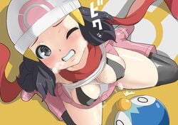 1girls bare_shoulders between_breasts black_eyes black_hair blush boots breasts cleavage clenched_teeth clothing covered_erect_nipples dawn_(pokemon) embarrassed female footwear hair_ornament hairclip hat headwear hi_res makoto_daikichi medium_breasts miniskirt nintendo piplup pokemon pokemon_(species) pokemon_dppt red_neckwear red_scarf scarf simple_background skirt teeth viewed_from_above