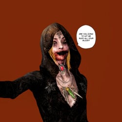 1girls 3d 3d_(artwork) bela_(resident_evil) blonde_hair blood_stain caption choker cleavage cloak clothed covered_breasts derangedgod doujinshi female female_only first_person_view fully_clothed gore goth guro horror looking_at_viewer necklace_between_breasts resident_evil resident_evil_8:_village running_makeup running_mascara small_breasts smile taller_girl tattoo tattoo_on_head xnalara yellow_eyes