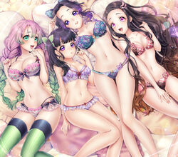 4girls :d absurdres alternate_costume animal_print aqua_eyes aqua_hair bangs bare_arms bare_legs bare_shoulders big_breasts black_bow black_hair blue_bra blue_eyes blue_panties blunt_bangs blush bow bra braid braided_hair breasts butterfly_hair_ornament butterfly_print checkered_bra checkered_clothes checkered_panties cleavage closed_mouth collarbone comic commentary_request dark_hair demon_slayer feet_out_of_frame female female_only floral_print forehead frilled_panties frills from_above gradient_hair green_eyes green_legwear hair_ornament hair_ribbon heart highres hourglass_figure kamado_nezuko kanroji_mitsuri kimetsu_no_yaiba kochou_shinobu large_breasts lens_flare light_skin lingerie long_hair looking_at_viewer md5_mismatch medium_breasts mole mole_under_eye multicolored_hair multiple_girls navel on_back open_mouth panties parted_lips pillow pink_eyes pink_hair pink_ribbon ponytail print_bra print_panties purple_bra purple_eyes purple_hair purple_panties red_bra red_hair red_panties resolution_mismatch ribbon side_ponytail sidelocks small_breasts smile stomach striped striped_legwear suuzuki_ayato teeth thigh_gap thighhighs tsuyuri_kanao twin_braids two_tone_hair underwear underwear_only upper_teeth vertical-striped_legwear vertical_stripes