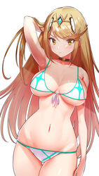 1girls armpits big_breasts bikini blonde_hair blush bra breasts curvy curvy_hips green322 hand_behind_head mythra nintendo swimsuit thighs white_background xenoblade_chronicles_2