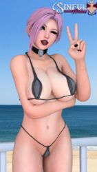 1girls 3d beach bikini blue_eyes choker dead_or_alive dead_or_alive_xtreme_venus_vacation elise_(doa) huge_breasts peace_sign pink_hair seaside sinful_desire_ent voluptuous wink