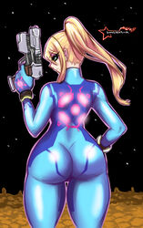 1girls ass awesomeerix backside blonde_hair bodysuit female female_only gun metroid nintendo samus_aran solo space thick thick_ass zero_suit_samus