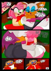 1boy 2girls 3barts amy_rose anthro ass ass_focus breasts cleavage comic dialogue dr._eggman female female_focus huge_ass huge_breasts male motion_lines panties rouge_the_bat sega sonic_(series) tail_grab trembling upskirt wide_hips yuri