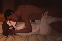 1boy 1girls 2018 artist_name ass bed black_hair blurry_background blush breasts brown_hair closed_eyes commission dark-skinned_male dark_skin digital_media_(artwork) eyebrows eyelashes female finn_(star_wars) happy human human_only interracial jaspurrlock legs lying lying_on_back male male_on_top medium_breasts medium_hair missionary_position nipples not_furry not_furry_focus nude nude_female nude_male on_bed onesmolhurt rey romantic sex short_hair smile star_wars straight the_force_awakens vaginal_penetration vaginal_sex