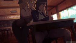 2girls animated artist_name black_hair blonde_hair blue_eyes blush breasts cleavage clothed_sex clothing female female_only fingering hand_over_mouth huge_breasts ikezawa_hanako katawa_shoujo public saltyicecream satou_lilly sitting_on_chair student yuri