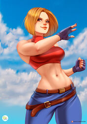 blonde_hair blue_eyes blue_mary didi_esmeralda fingerless_gloves fit_female halter_top jeans king_of_fighters large_breasts looking_at_viewer midriff snk two_belts