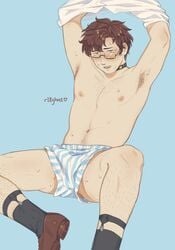 1boy armpit_hair armpits blue_background blue_eyes blush boxers brown_hair glasses hairy_legs kimi_ga_shine lifting male_only messy_hair open_mouth pale-skinned_male pectorals r18ghost shoes shunsuke_hayasaka solo solo_male striped_boxers sweat your_turn_to_die yttd