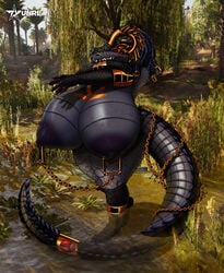 1girls areolae bathing big_nipples breasts breasts_bigger_than_head chains egyptian_mythology gold huge_breasts lizard looking_at_viewer mythology nail_polish nipple_piercing nipples pond scales scalie shortstack sobek solo tail thick_thighs tyunre water