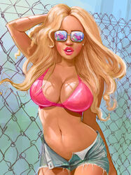 bikini_top bimbo blonde_hair cleavage cutoffs fence glasses jeans large_breasts long_hair original original_character streetwear yneddt