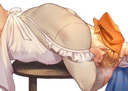 1boy alternate_costume apron ass bangs bara blonde_hair blush breath covered_nipples doggy_style granblue_fantasy higashigunkan implied_anal implied_yaoi lowres lying maid maid_apron maid_headdress male_focus muscular muscular_male on_stomach out-of-frame_censoring pectorals reward_available sex sex_from_behind short_hair sideburns solo_focus sweat undercut vane_(granblue_fantasy)