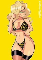 1girls artist_name atomickingboo background big_breasts breasts busty cleavage clothing eyelashes female freckles hips hourglass_figure large_breasts legs lips long_hair original original_character sarah_mcneil thick_thighs thighs voluptuous watermark wide_hips yellow_background yellow_theme